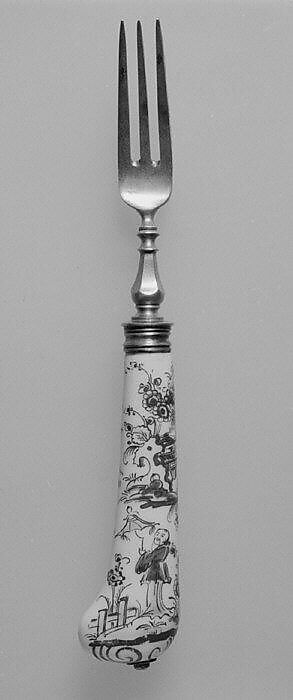 Fork and knife, possibly Saint-Cloud factory (French, mid-1690s–1766), Porcelain, silver, steel, French, possibly Saint-Cloud 