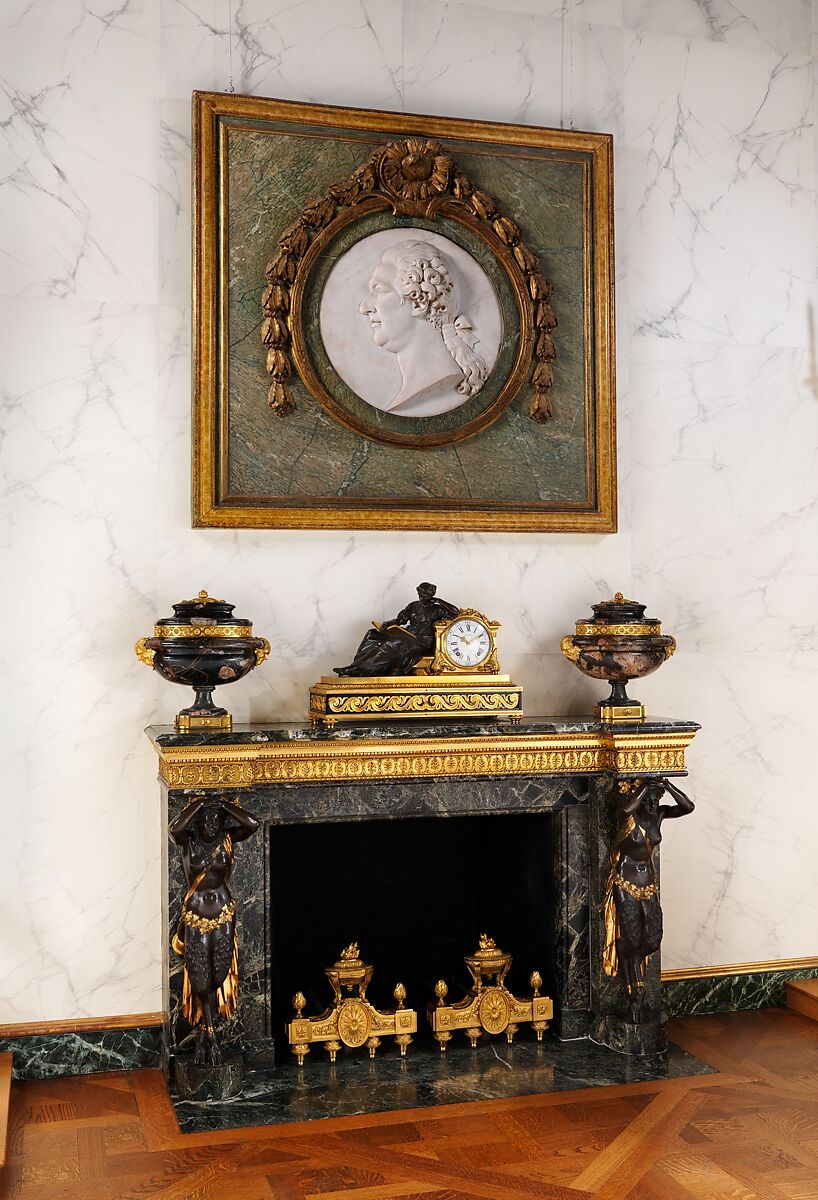 Chimneypiece (cheminée), After a design by François Joseph Belanger (French, Paris 1744–1818 Paris), Verde di Levanto marble; patinated bronze and gilt bronze, French, Paris 