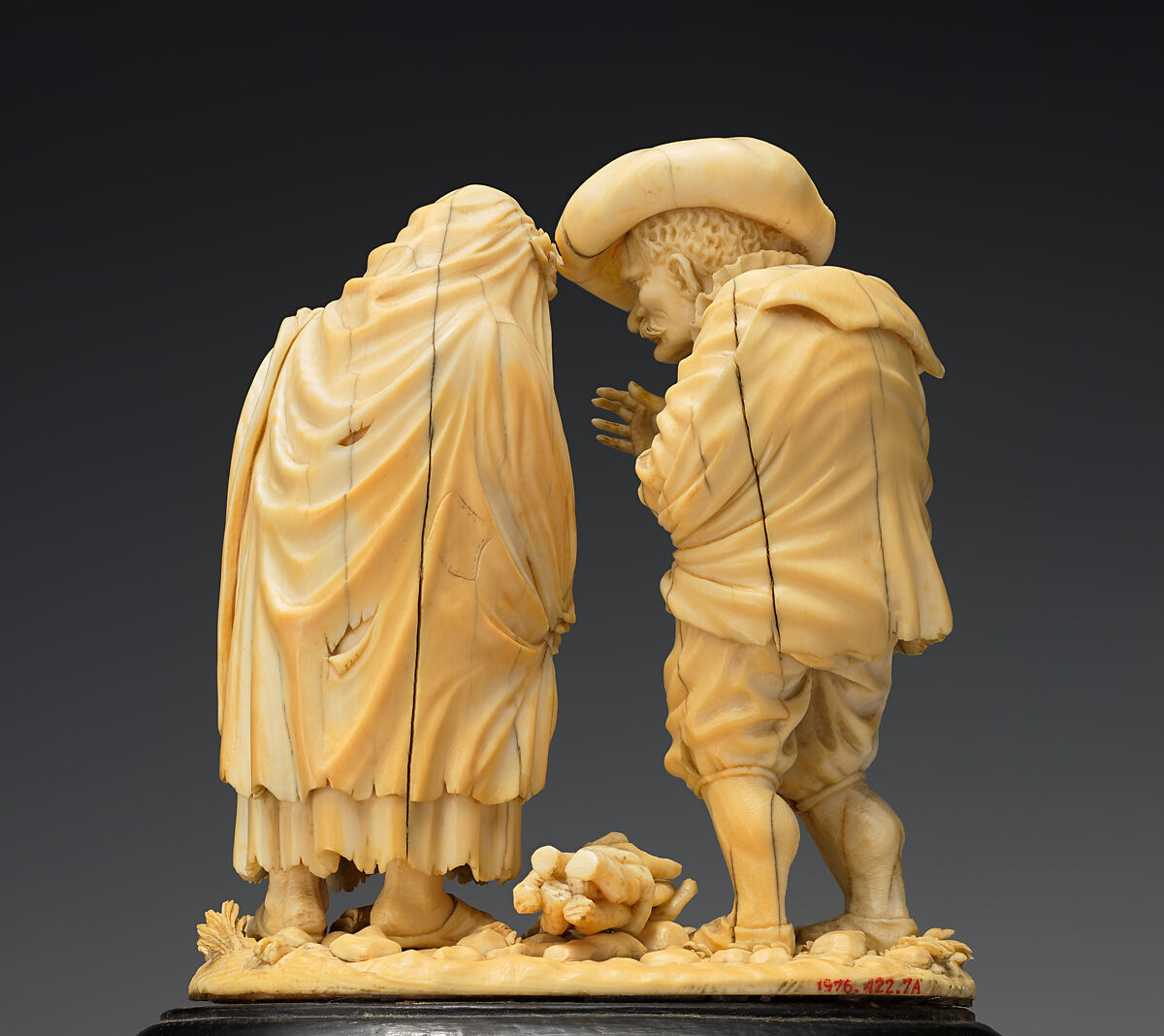 Old Peasant Couple, Ivory, carved wood pedestal, German