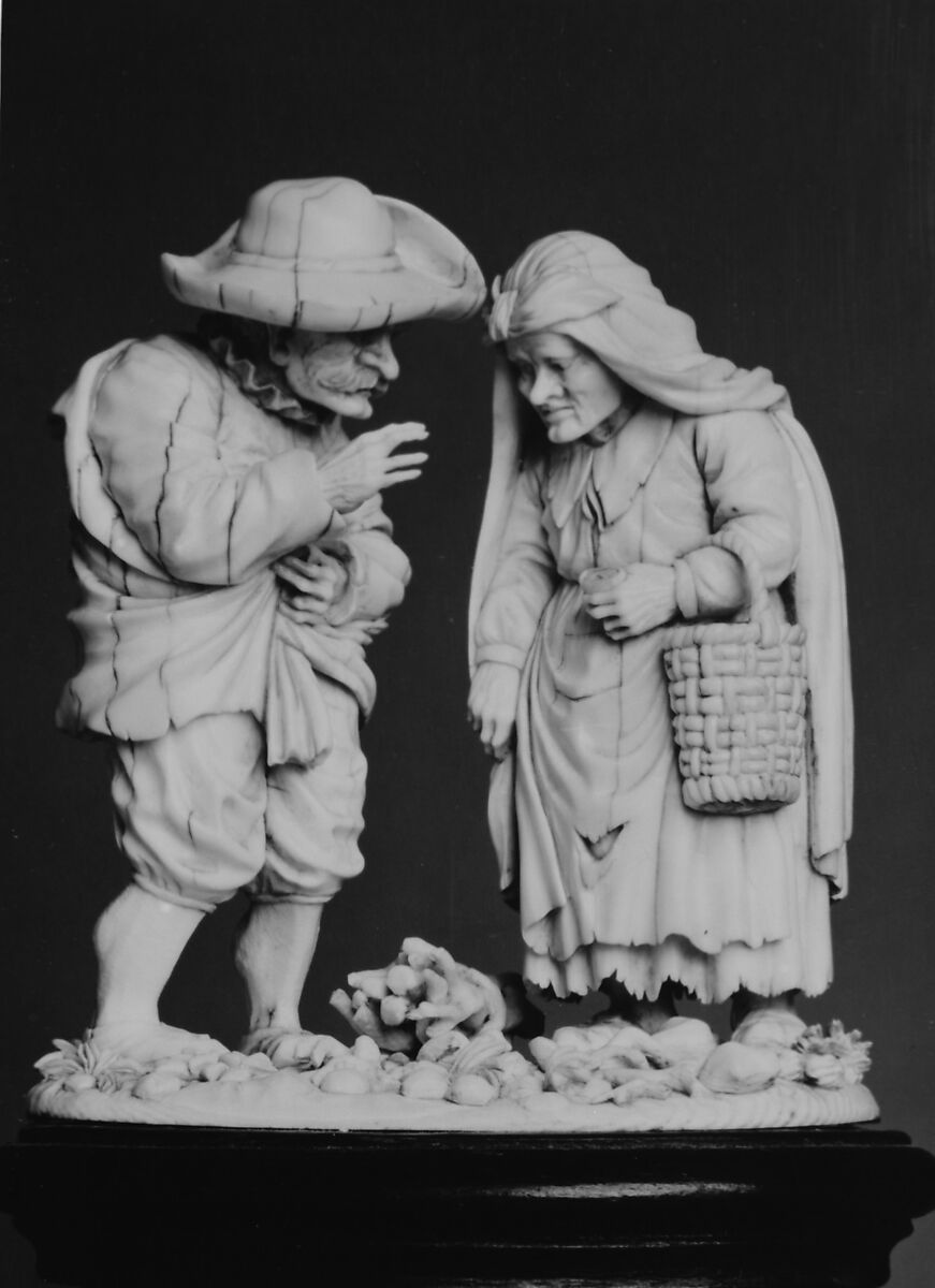 Old Peasant Couple, Ivory, carved wood pedestal, German 
