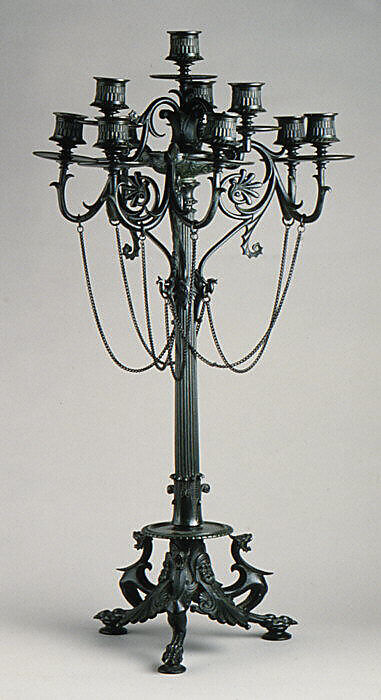 Ten-light Grecian-style candelabrum (one of a pair), Antoine-Louis Barye (French, Paris 1795–1875 Paris), Bronze, French