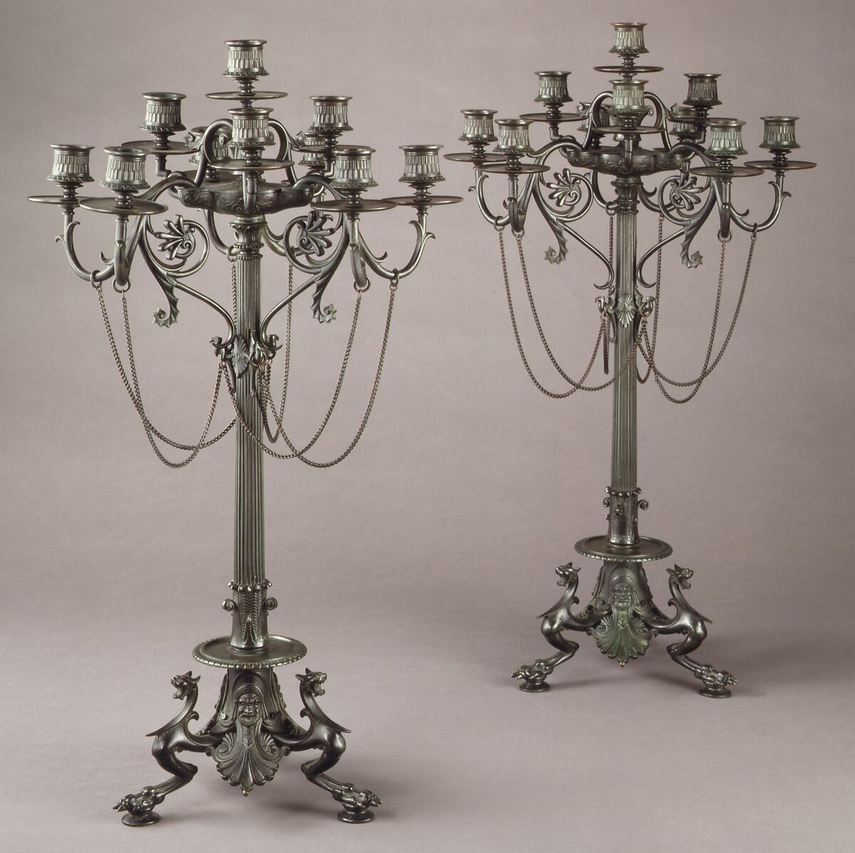 Ten-light Grecian-style candelabrum (one of a pair), Antoine-Louis Barye (French, Paris 1795–1875 Paris), Bronze, French