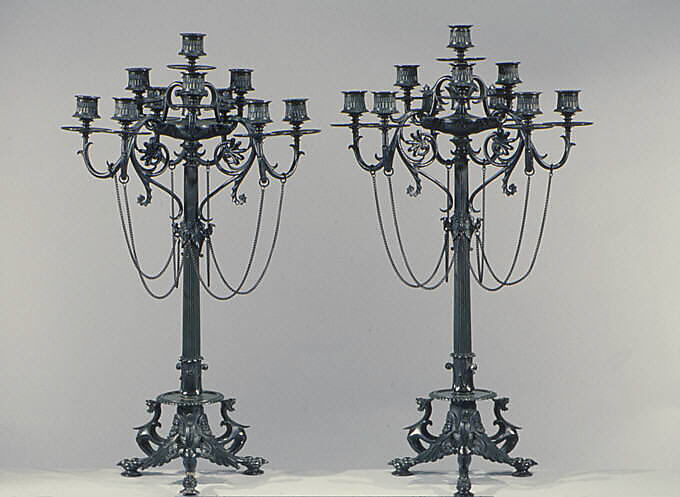 Ten-light Grecian-style candelabrum (one of a pair), Antoine-Louis Barye (French, Paris 1795–1875 Paris), Bronze, French