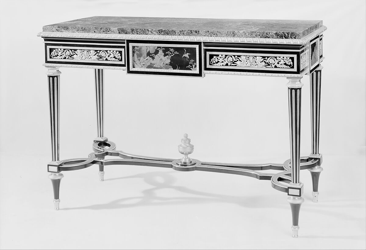 Table, Attributed to Adam Weisweiler (French, 1744–1820), Oak, Japanese lacquer and ebony veneer, gilt bronze, verde antico marble, French 
