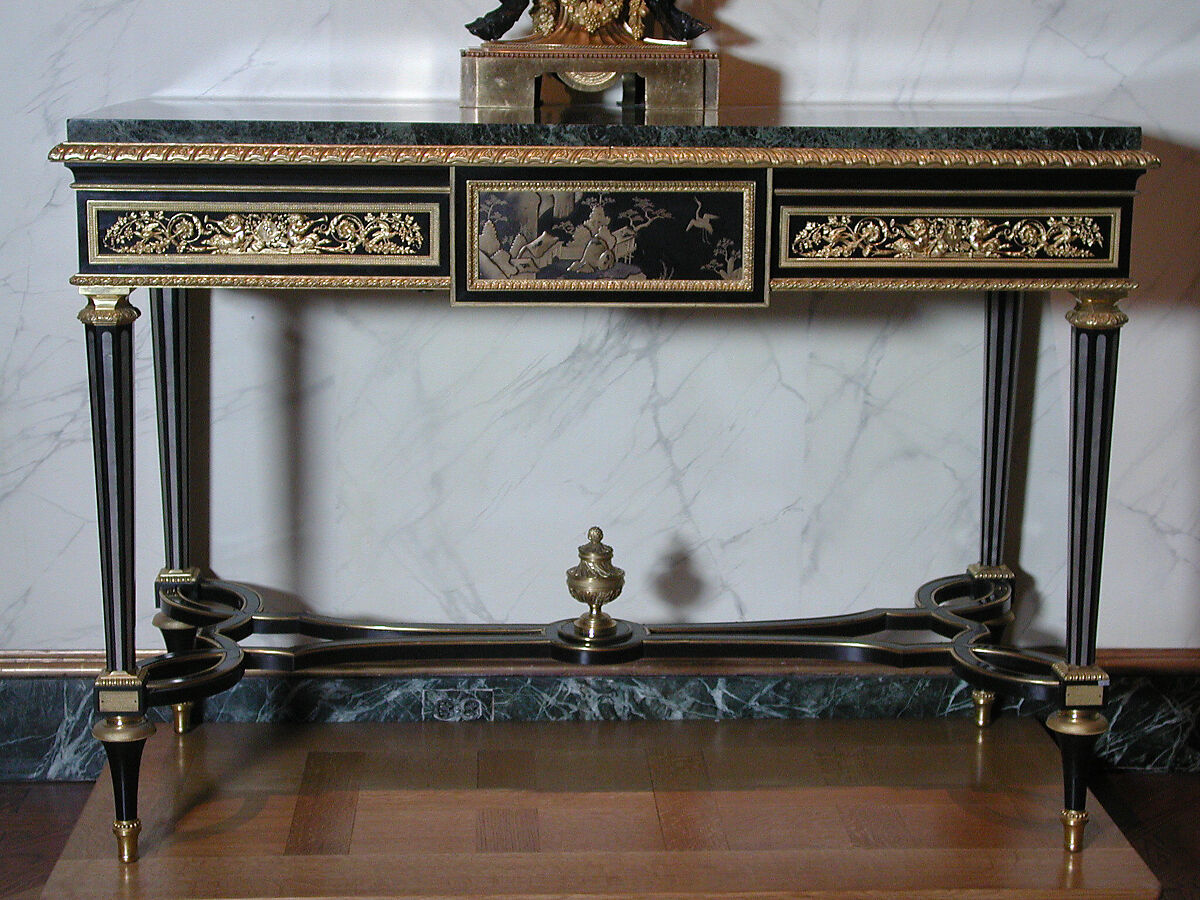 Table, Attributed to Adam Weisweiler (French, 1744–1820), Oak, Japanese lacquer and ebony veneer, gilt bronze, verde antico marble, French