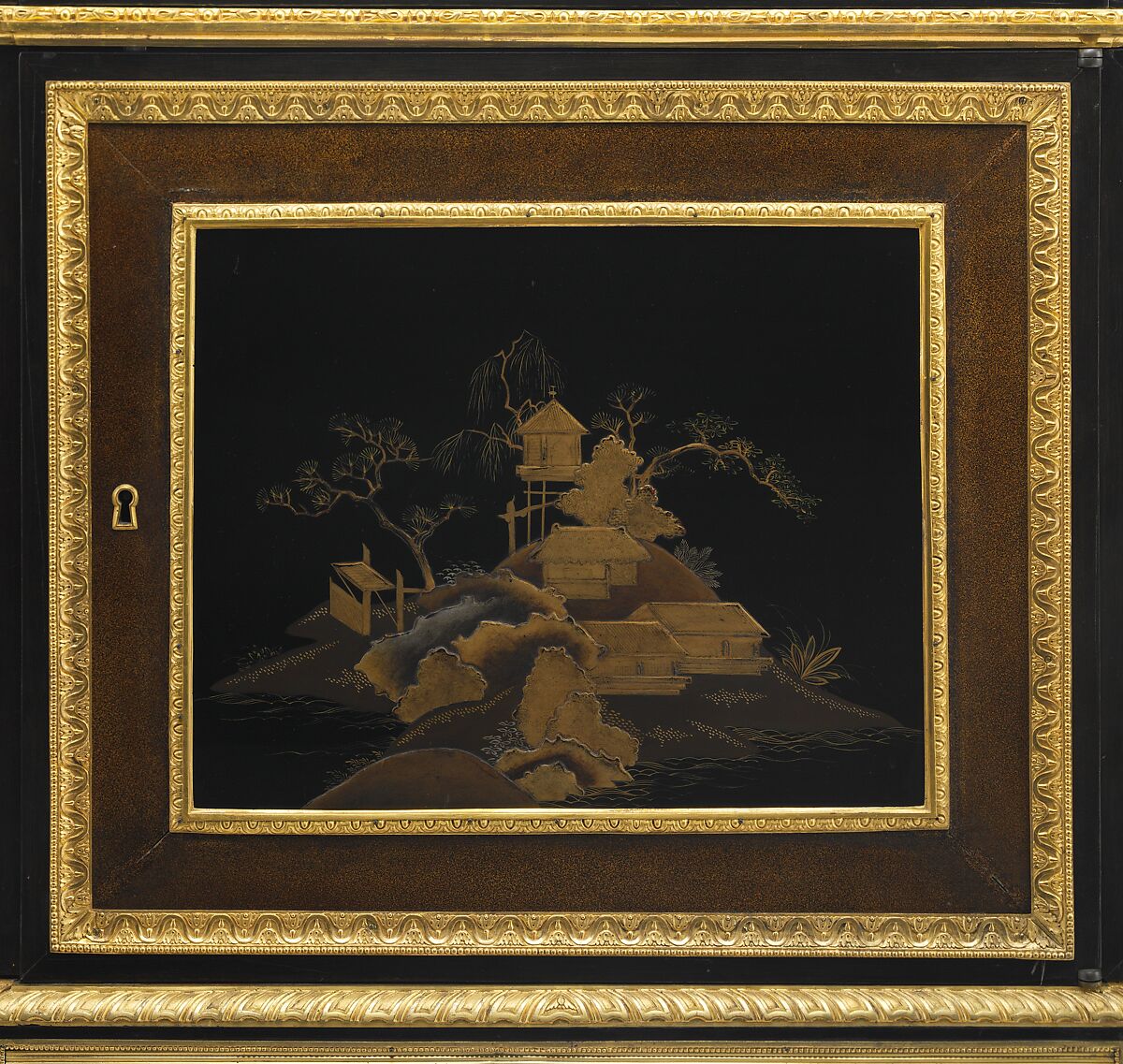 Commode (commode à vantaux) (part of a set), Adam Weisweiler (French, 1744–1820), Oak veneered with ebony, amaranth, holly, ebonized holly, satinwood, Japanese and French lacquer panels; gilt-bronze mounts, brocatelle marble top (not original); steel springs; morocco leather (not original), French, Paris