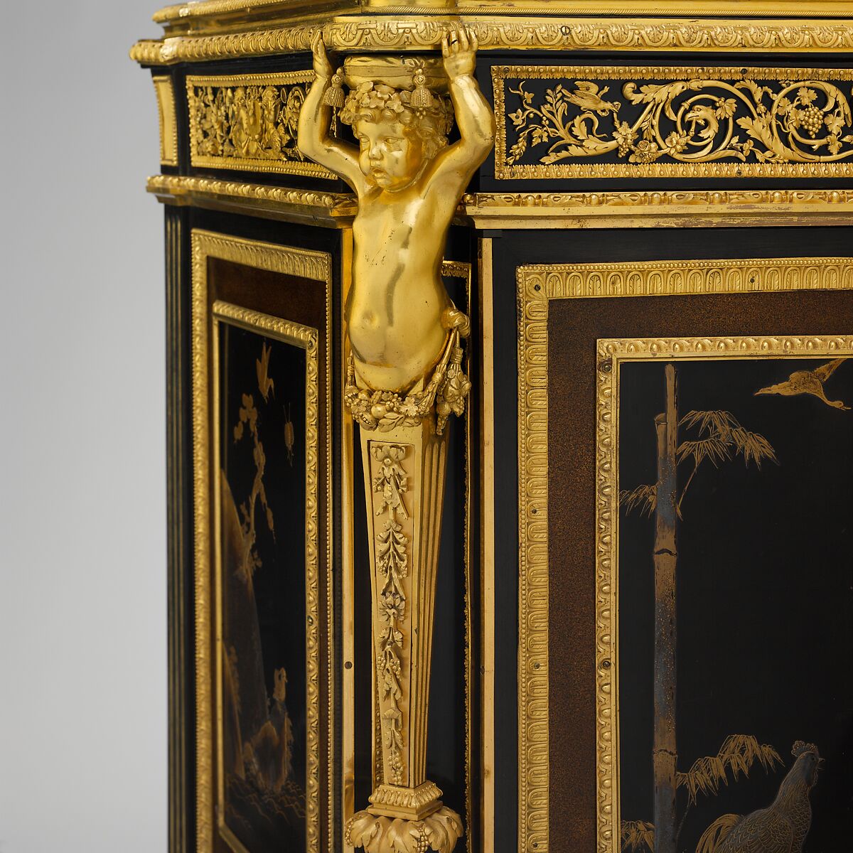 Commode (commode à vantaux) (part of a set), Adam Weisweiler (French, 1744–1820), Oak veneered with ebony, amaranth, holly, ebonized holly, satinwood, Japanese and French lacquer panels; gilt-bronze mounts, brocatelle marble top (not original); steel springs; morocco leather (not original), French, Paris