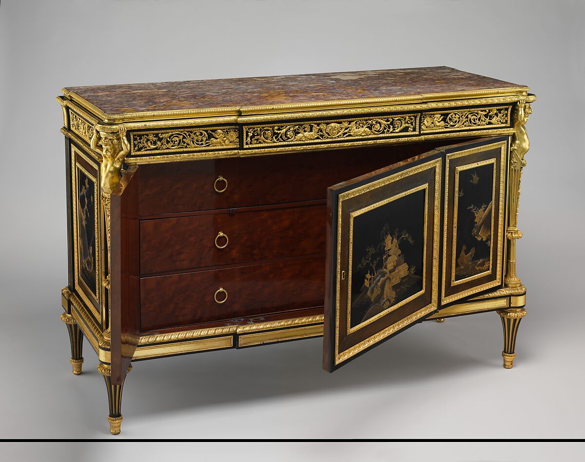 Commode (commode à vantaux) (part of a set), Adam Weisweiler (French, 1744–1820), Oak veneered with ebony, amaranth, holly, ebonized holly, satinwood, Japanese and French lacquer panels; gilt-bronze mounts, brocatelle marble top (not original); steel springs; morocco leather (not original), French, Paris