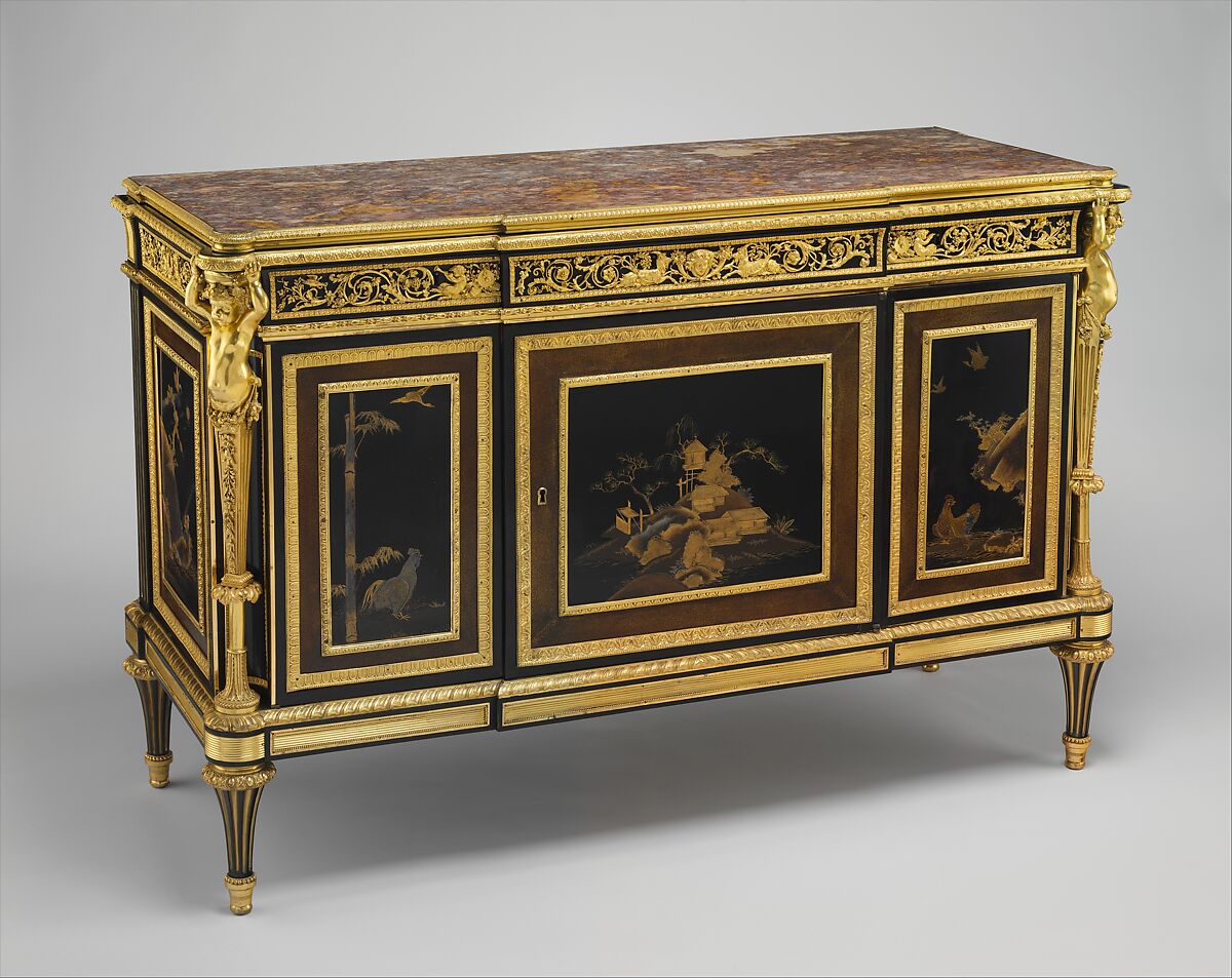 Commode (commode à vantaux) (part of a set), Adam Weisweiler (French, 1744–1820), Oak veneered with ebony, amaranth, holly, ebonized holly, satinwood, Japanese and French lacquer panels; gilt-bronze mounts, brocatelle marble top (not original); steel springs; morocco leather (not original), French, Paris 