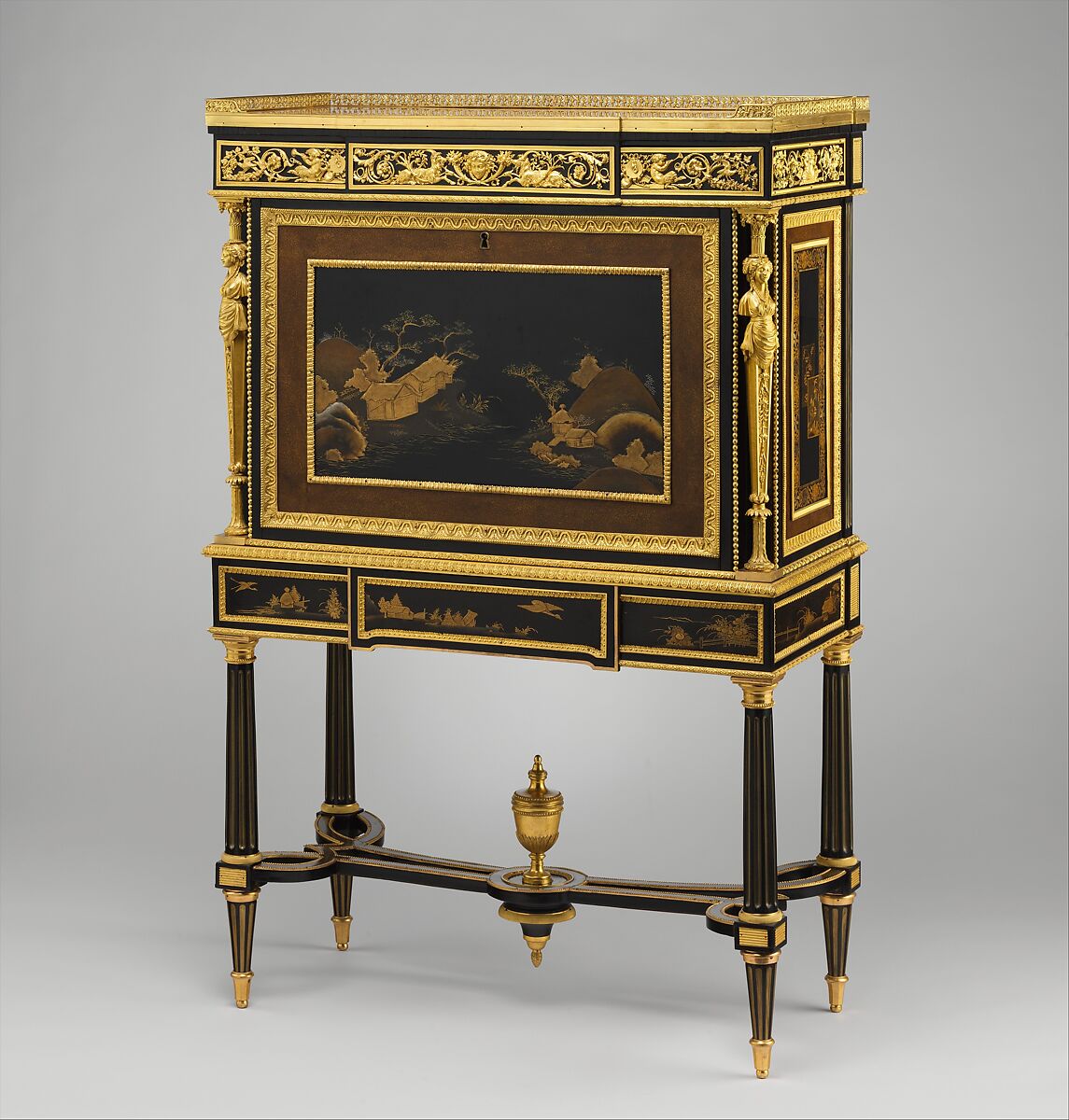 Drop-front secretary on stand (secrètaire à abattant or secrétaire en cabinet) (one of a pair) (part of a set), Adam Weisweiler (French, 1744–1820), Oak veneered with ebony, amaranth, holly, ebonized holly, satinwood, Japanese and French lacquer panels, gilt-bronze mounts, brocatelle marble top (not original); steel springs; morocco leather (not original), French, Paris 