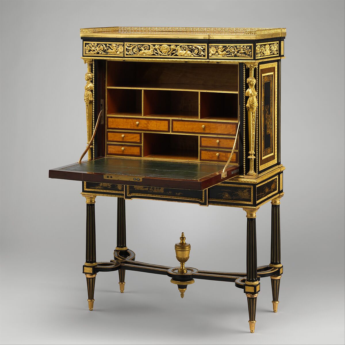 Drop-front secretary on stand (secrètaire à abattant or secrétaire en cabinet) (one of a pair) (part of a set), Adam Weisweiler (French, 1744–1820), Oak veneered with ebony, amaranth, holly, ebonized holly, satinwood, Japanese and French lacquer panels, gilt-bronze mounts, brocatelle marble top (not original); steel springs; morocco leather (not original), French, Paris