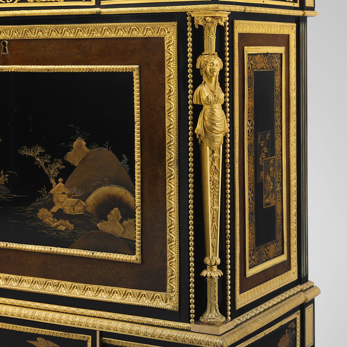 Drop-front secretary on stand (secrètaire à abattant or secrétaire en cabinet) (one of a pair) (part of a set), Adam Weisweiler (French, 1744–1820), Oak veneered with ebony, amaranth, holly, ebonized holly, satinwood, Japanese and French lacquer panels, gilt-bronze mounts, brocatelle marble top (not original); steel springs; morocco leather (not original), French, Paris