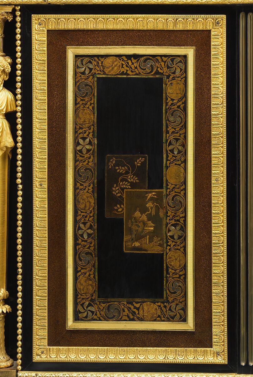 Drop-front secretary on stand (secrètaire à abattant or secrétaire en cabinet) (one of a pair) (part of a set), Adam Weisweiler (French, 1744–1820), Oak veneered with ebony, amaranth, holly, ebonized holly, satinwood, Japanese and French lacquer panels, gilt-bronze mounts, brocatelle marble top (not original); steel springs; morocco leather (not original), French, Paris
