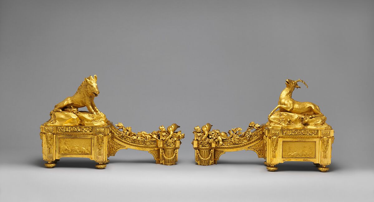 Pair of firedogs (chenets), Quentin-Claude Pitoin (French, Paris ca. 1725–1777 Paris), Gilt bronze, French, Paris 