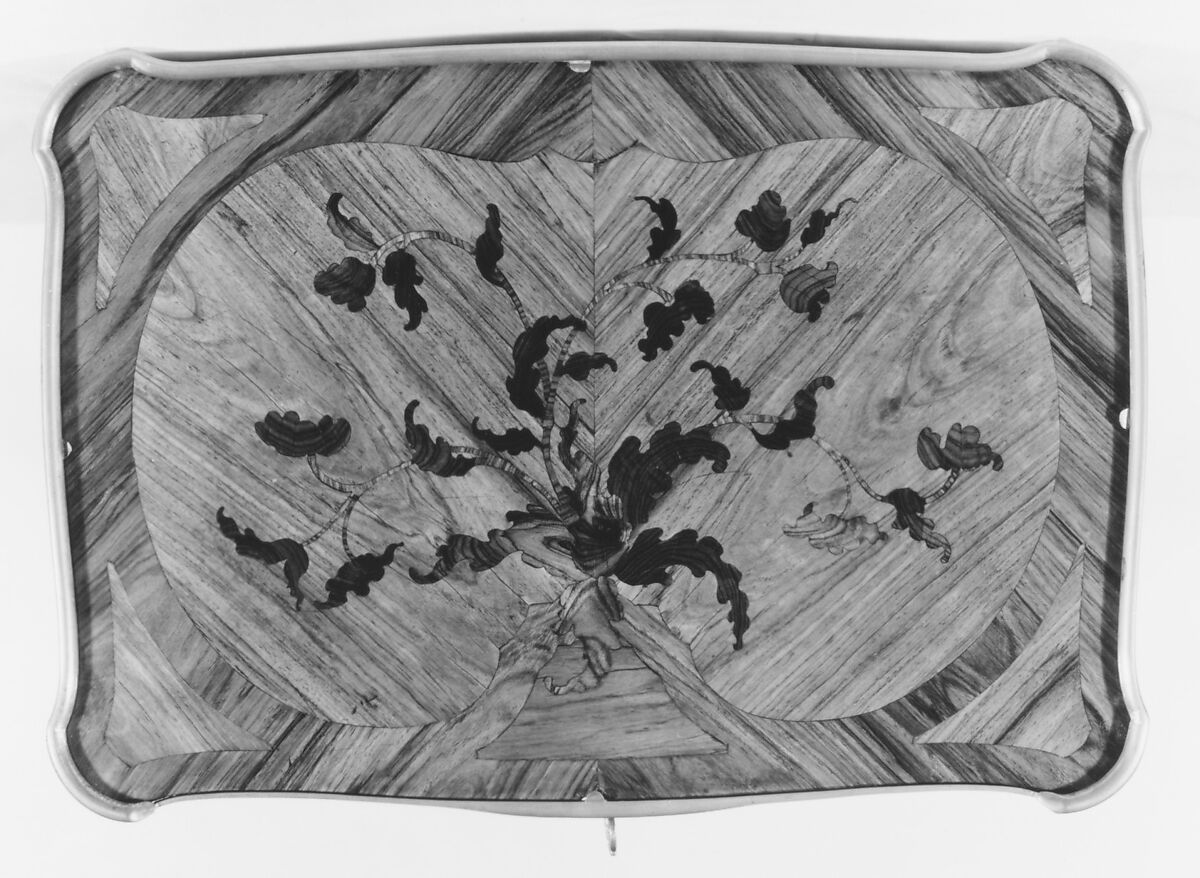 Work and writing table, Bernard II van Risenburgh (ca. 1696–ca. 1767), Oak, tulipwood, root-cut kingwood, gilt bronze and silvered metal, French, Paris