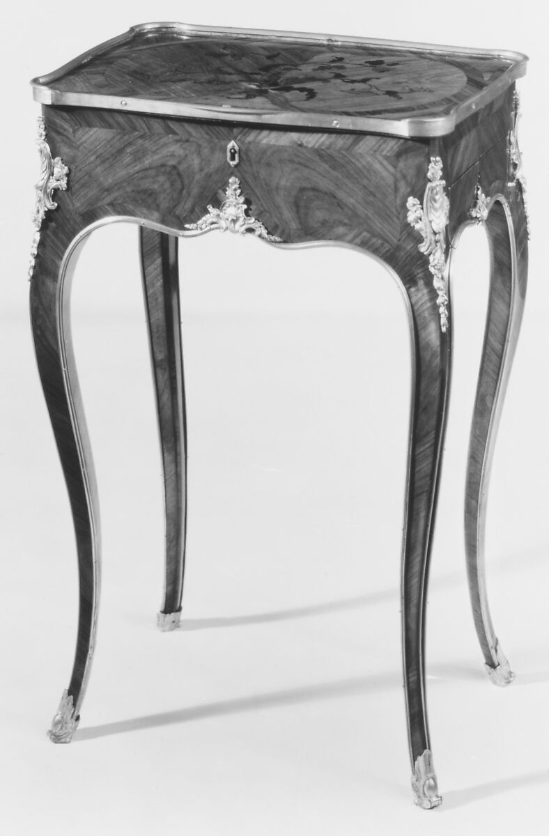 Work and writing table, Bernard II van Risenburgh (ca. 1696–ca. 1767), Oak, tulipwood, root-cut kingwood, gilt bronze and silvered metal, French, Paris 