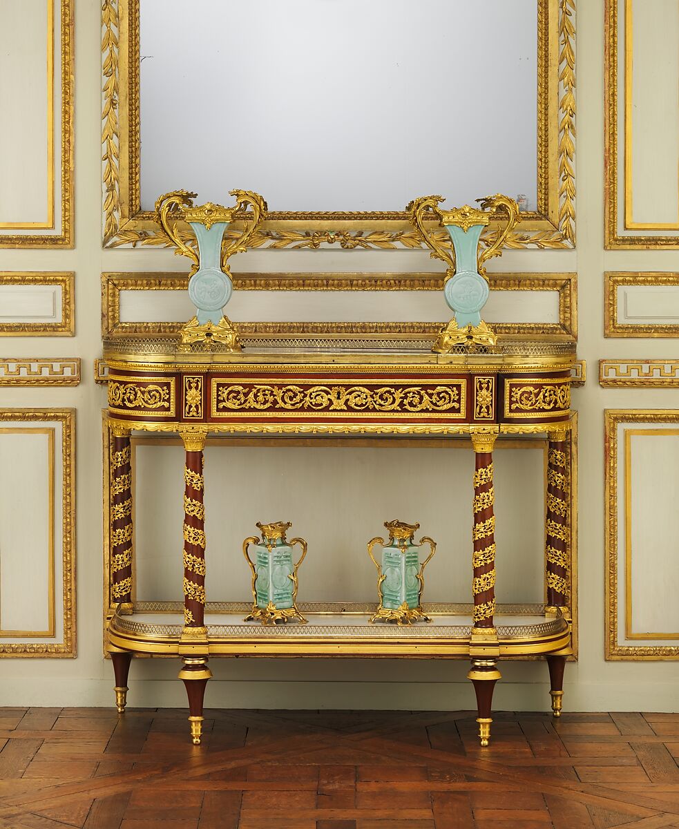 Side table (commode servante or commode desserte), Jean Henri Riesener (French, Gladbeck, North Rhine-Westphalia 1734–1806 Paris), Oak, pine, mahogany, and mahogany veneer; gilt-bronze mounts; Carrara marble top and shelf, French, Paris 