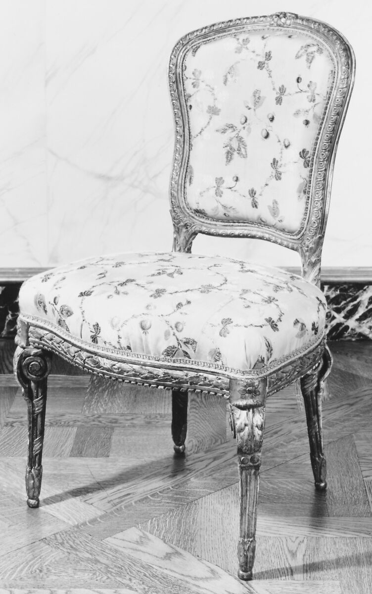 Side chair, Bovo, Carved and gilded beechwood, covered in 18th-century cream-colored silk tabby upholstery, French