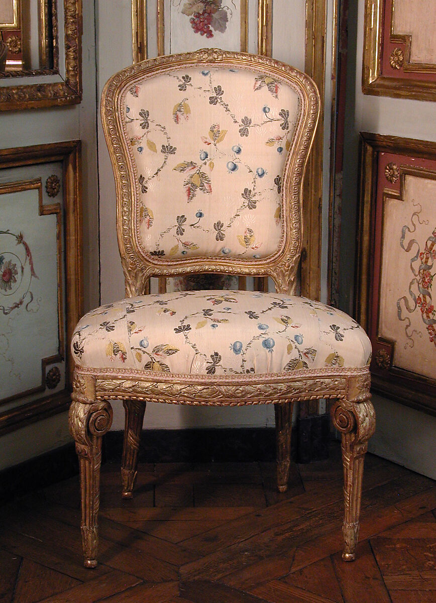 Side chair, Bovo, Carved and gilded beechwood, covered in 18th-century cream-colored silk tabby upholstery, French 