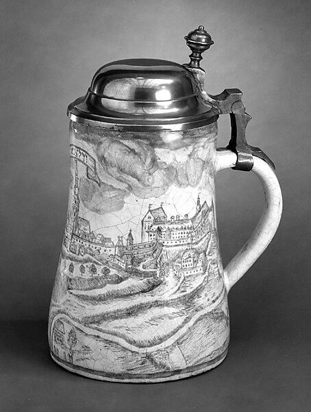 Tankard, Tin-glazed earthenware; pewter, German, Hanau 