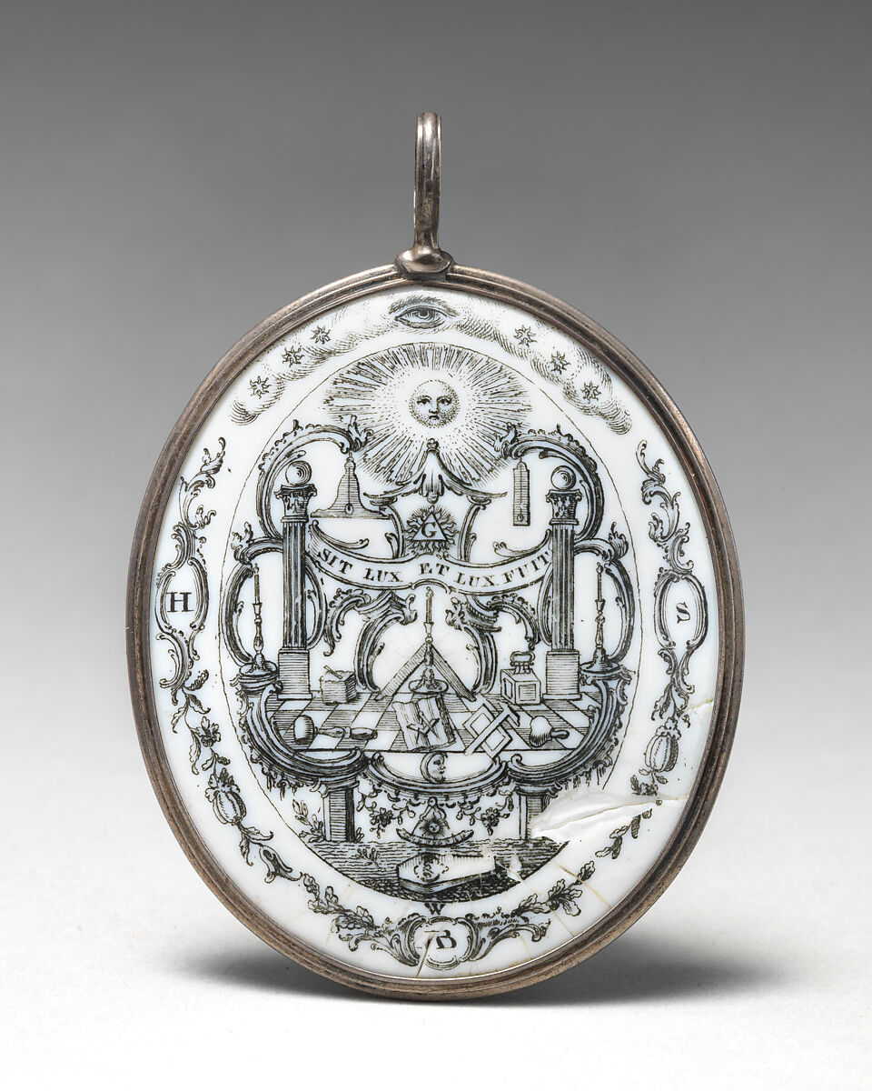 Pendant with Masonic symbols, Enameled copper, possibly British, South Staffordshire 