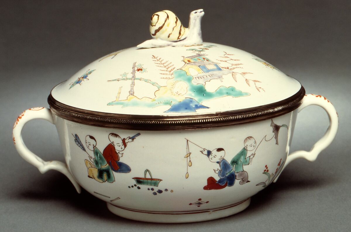 Porringer with cover (Écuelle), Chantilly (French), Soft-paste porcelain, silver, French, Chantilly with French, Paris mounts 
