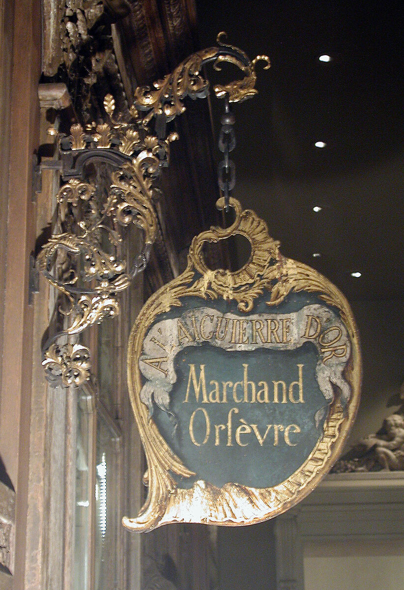 Shop bracket and sign, Bracket: wrought iron, partly gilt; Sign: painted metal (modern), French 