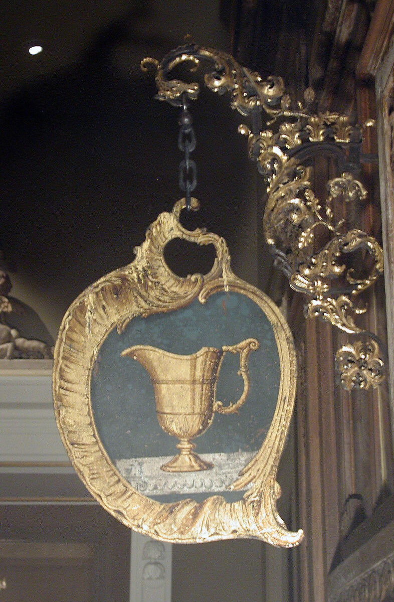 Shop bracket and sign, Bracket: wrought iron, partly gilt; Sign: painted metal (modern), French