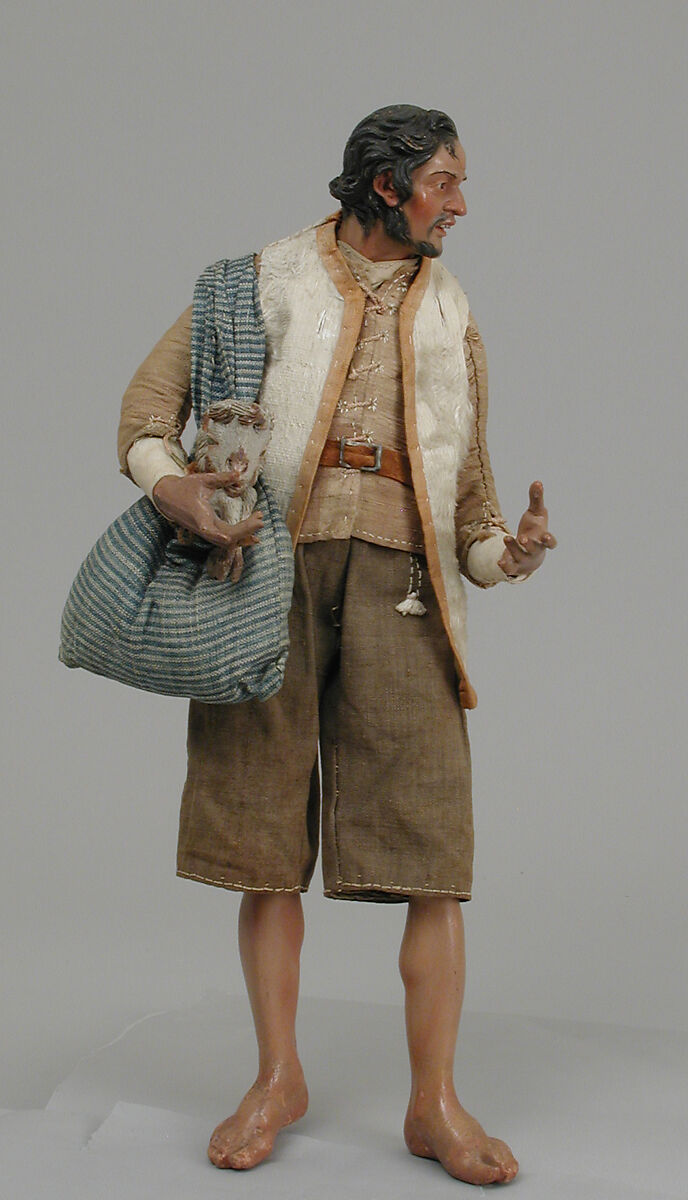 Shepherd, Polychromed terracotta head and wooden limbs; body of wire wrapped in tow; linen and cloth garments; leather belt with silver buckle, Italian, Naples 