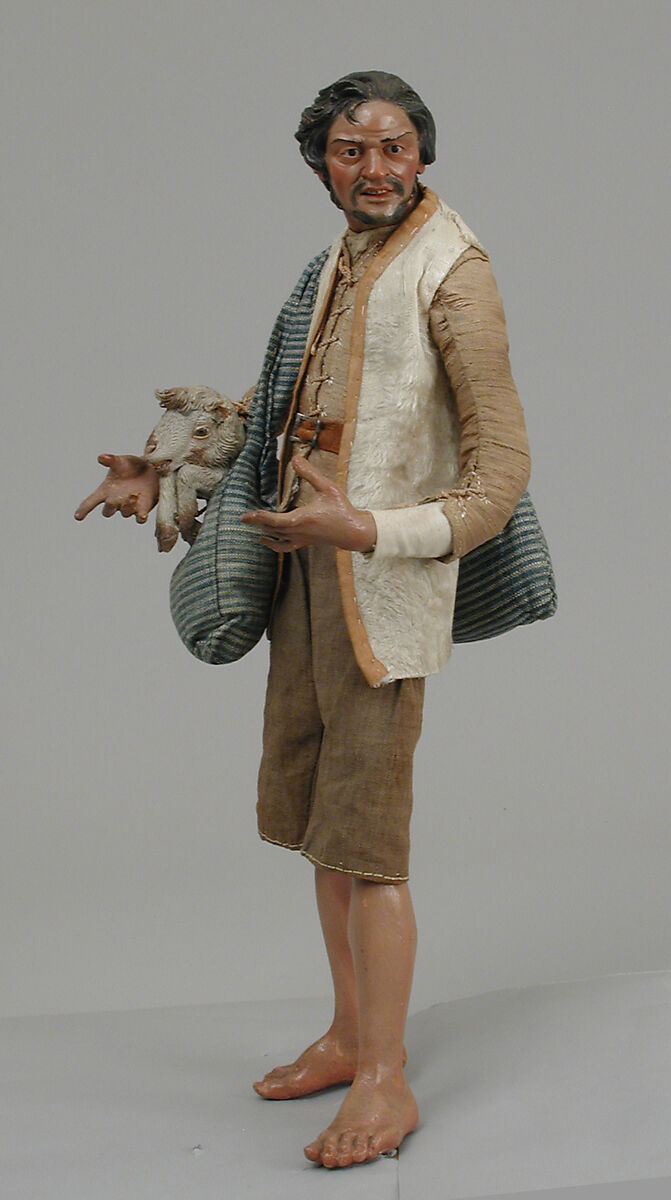 Shepherd, Polychromed terracotta head and wooden limbs; body of wire wrapped in tow; linen and cloth garments; leather belt with silver buckle, Italian, Naples
