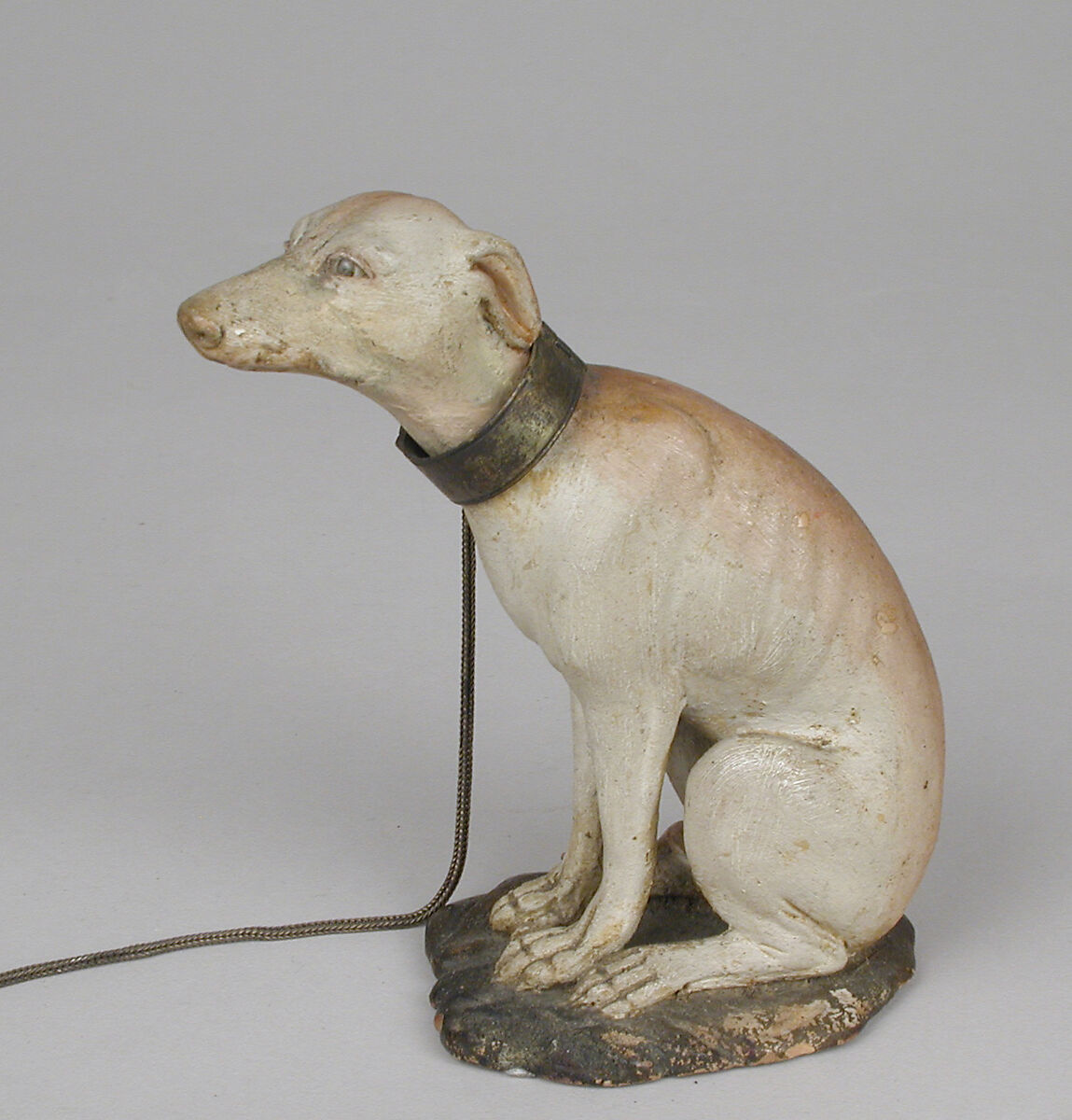 Seated hound, Possibly by Saverio Vassalo, Polychromed terracotta body; silver collar and chain, Italian, Naples 