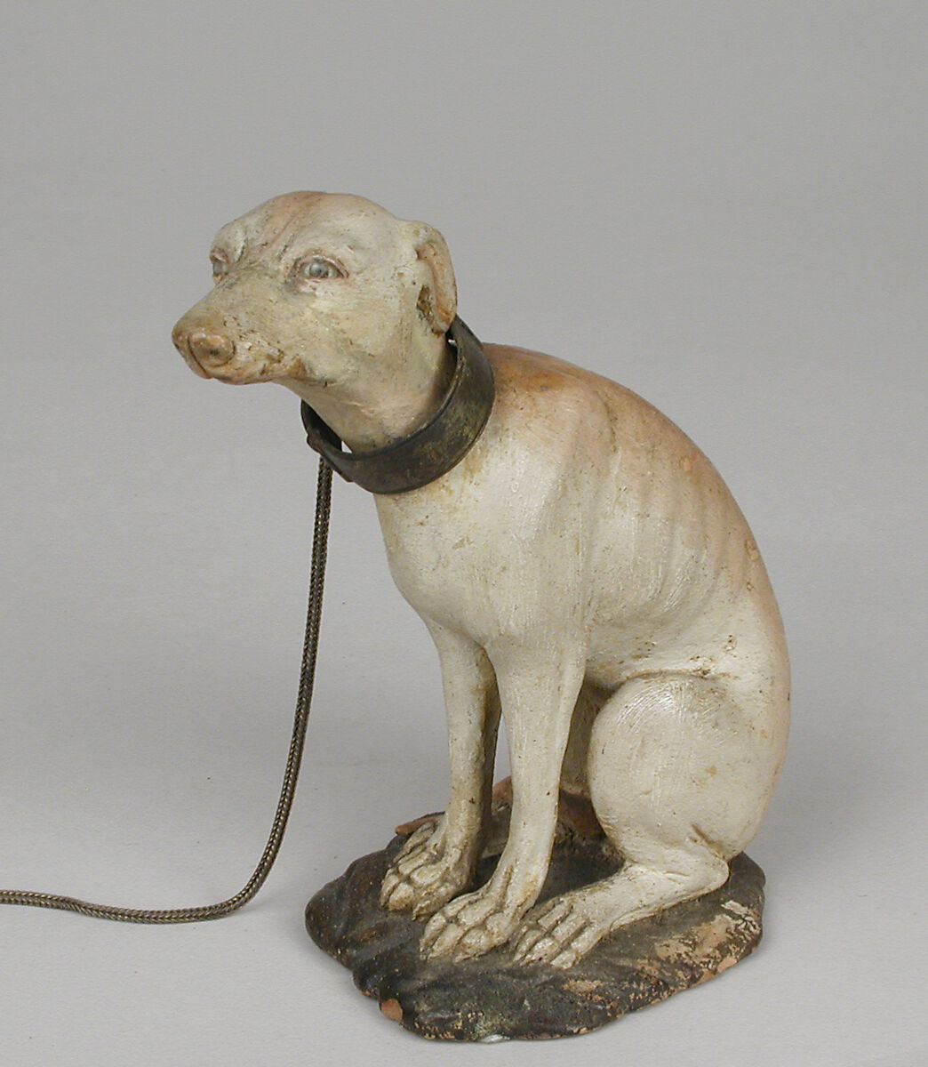 Seated hound, Possibly by Saverio Vassalo, Polychromed terracotta body; silver collar and chain, Italian, Naples