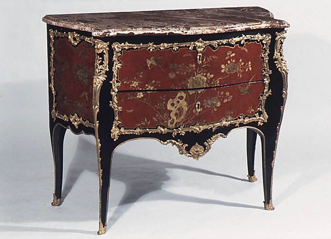 Commode, Jean Desforges (active ca. 1740–50, died after 1757), Oak veneered with Chinese lacquer and lacquered wood; gilt bronze; rouge royal marble, French 