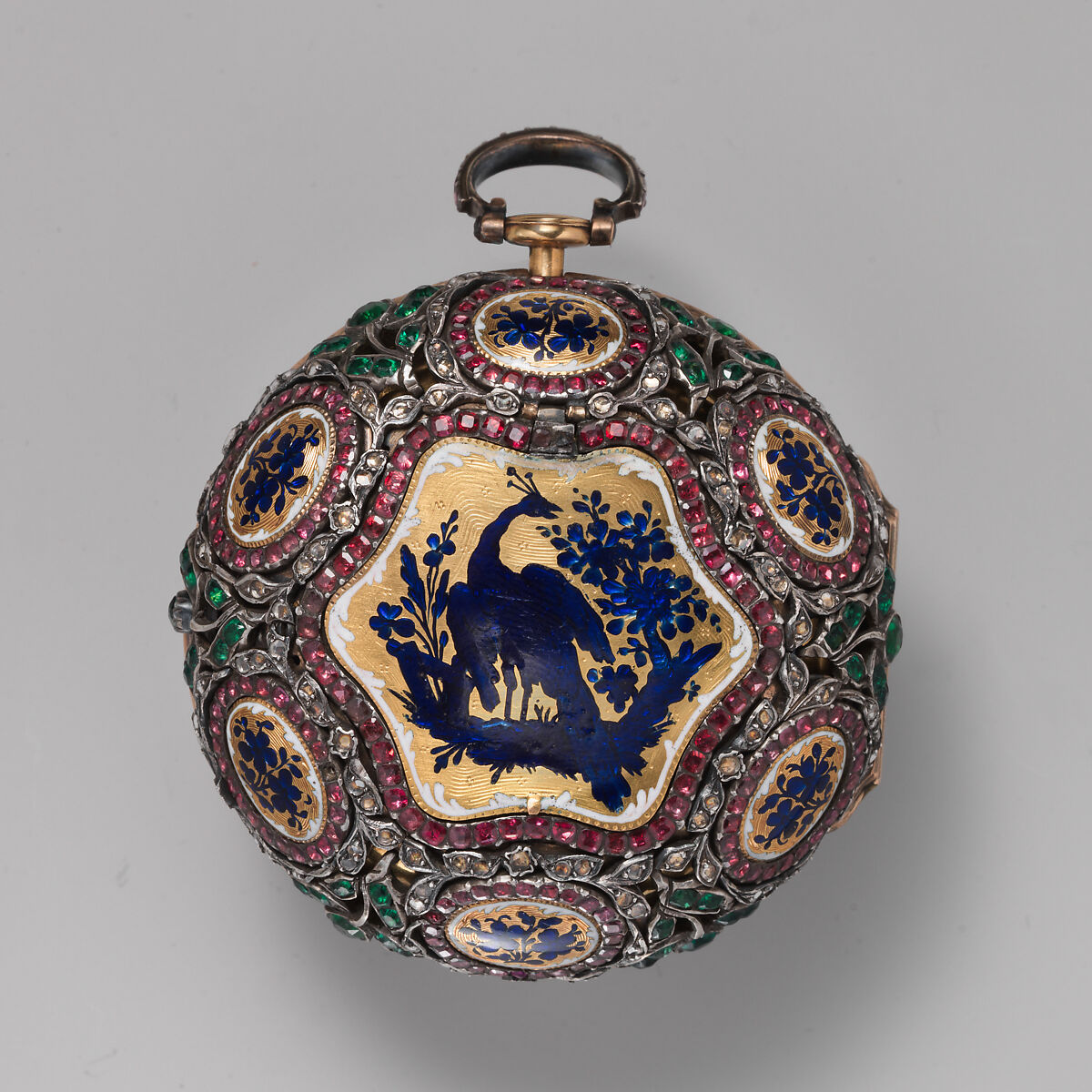 Pair-case automaton watch, James Cox (British, ca. 1723–1800), Outer case: gold, partly enameled and set with gemstones and paste jewels; Inner case: gold; Dial: white enamel, with frame set with paste jewels; Movement: with diamond endstone, British, London