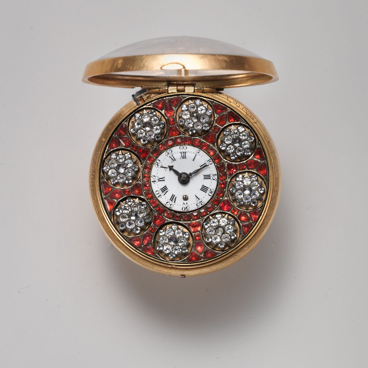 Pair-case automaton watch, James Cox (British, ca. 1723–1800), Outer case: gold, partly enameled and set with gemstones and paste jewels; Inner case: gold; Dial: white enamel, with frame set with paste jewels; Movement: with diamond endstone, British, London