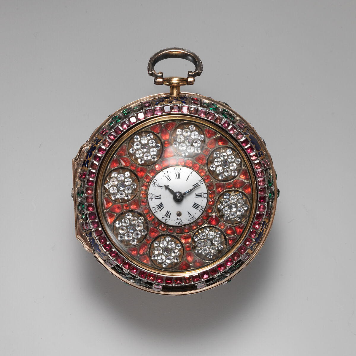 Pair-case automaton watch, James Cox (British, ca. 1723–1800), Outer case: gold, partly enameled and set with gemstones and paste jewels; Inner case: gold; Dial: white enamel, with frame set with paste jewels; Movement: with diamond endstone, British, London 