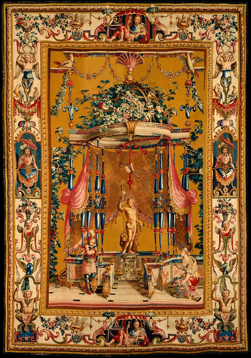 The Offering to Bacchus (from a set of five Berain Grotesques), Jean-Baptiste Monnoyer (French, Lille 1636–1699 London), Wool, silk (21-27 warps per inch, 8-9 per cm.), French, Beauvais 