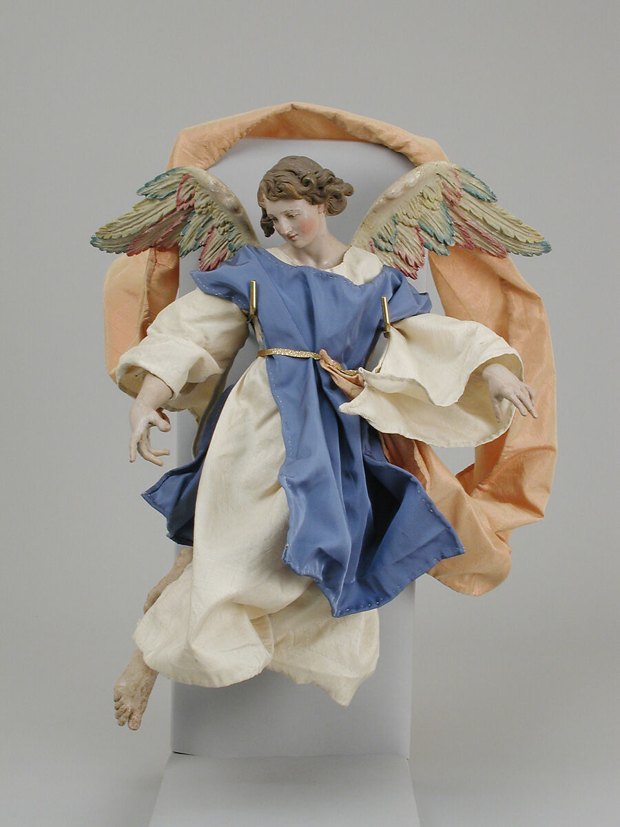 Angel, Polychromed terracotta head; wooden limbs and wings; body of wire wrapped in tow; silk garments, Italian, Naples 