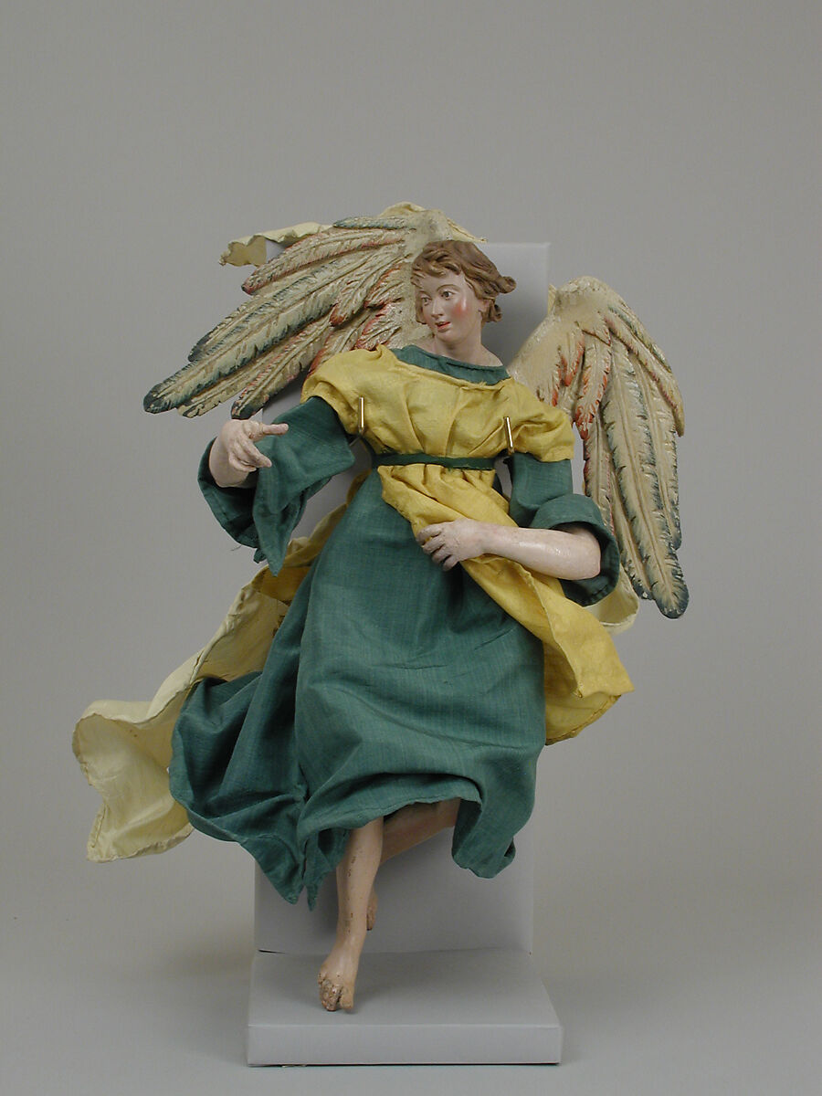 Angel with censer, Polychromed terracotta head; wooden limbs and wings; body of wire wrapped in tow; silk garments; silver censer, Italian, Naples 