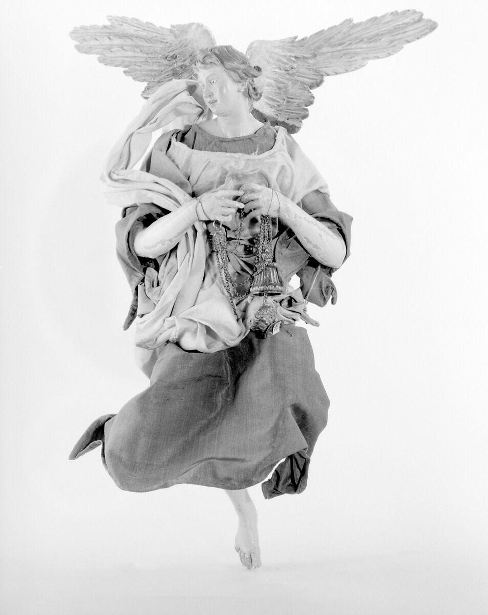 Angel with censer, Polychromed terracotta head; wooden limbs and wings; body of wire wrapped in tow; silk garments; silver censer, Italian, Naples
