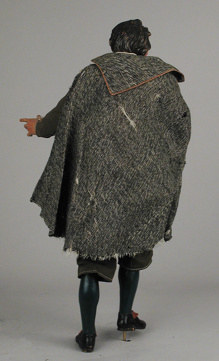 Man with cape and leather pouch, Polychromed terracotta head; wooden limbs; body of wire wrapped in tow; garments of various fabrics; leather pouch, Italian, Naples