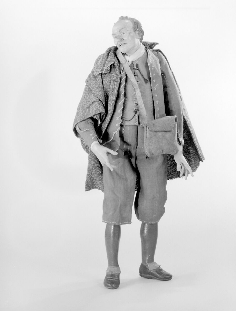 Man with cape and leather pouch, Polychromed terracotta head; wooden limbs; body of wire wrapped in tow; garments of various fabrics; leather pouch, Italian, Naples