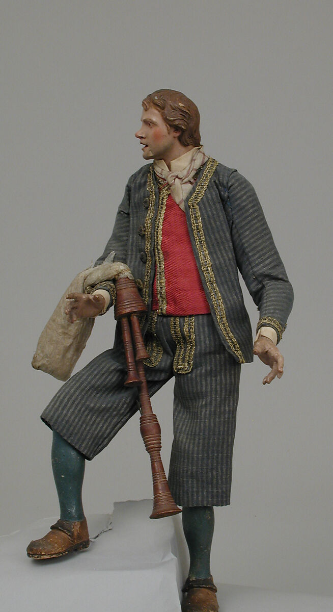 Young man in suit with bagpipes, Polychromed terracotta head; wooden limbs and bagpipes; body of wire wrapped in tow; garments of various fabrics, Italian, Naples 