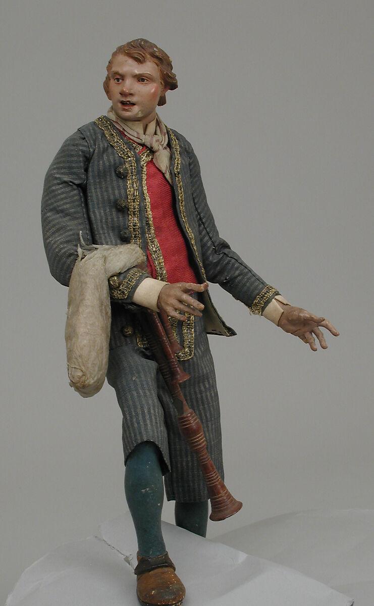 Young man in suit with bagpipes, Polychromed terracotta head; wooden limbs and bagpipes; body of wire wrapped in tow; garments of various fabrics, Italian, Naples
