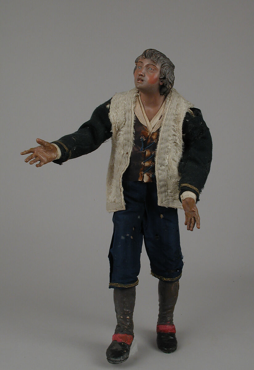 Young man in fur jacket, Polychromed terracotta head; wooden limbs; body of wire wrapped in tow; silk, wool and fur-like garments; leather pouch, Italian, Naples 