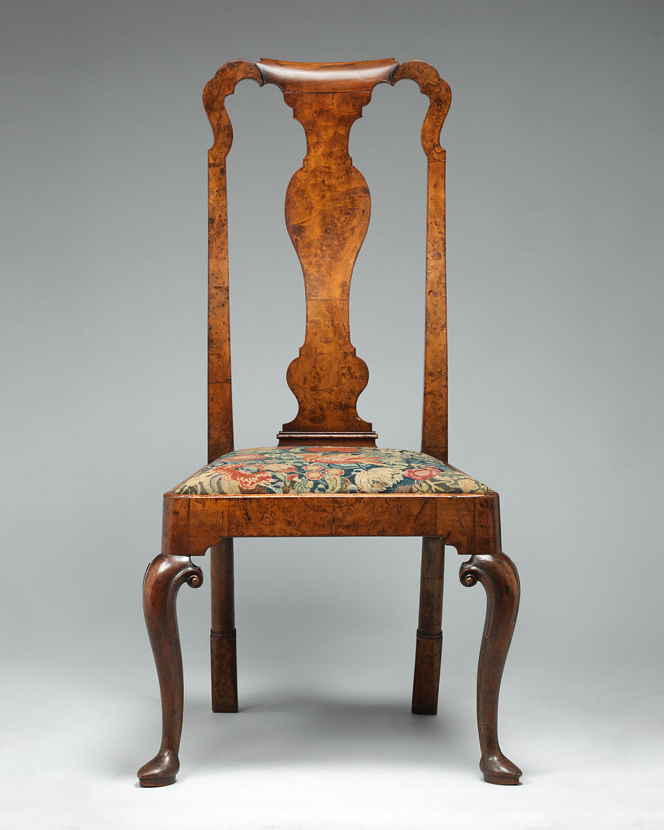 Side chair, Walnut veneer on walnut, needlework, British