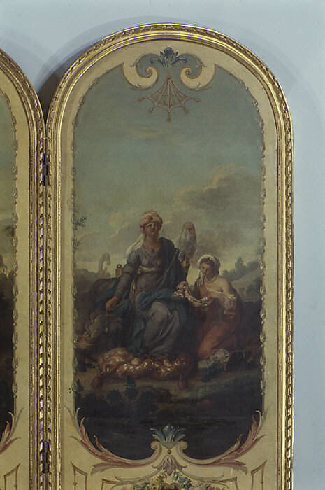 Five-fold screen, Panels attributed to Jean Jacques François Le Barbier (French, Rouen 1738–1826 Paris), Panels: oil and canvas; frame: gilt wood; lining: silk taffeta, French