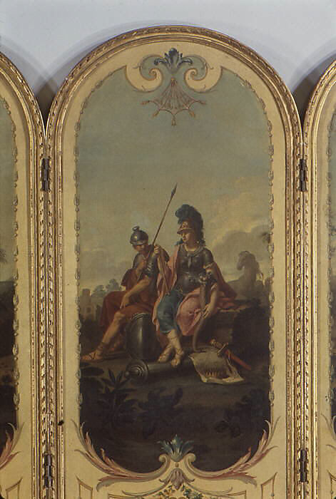 Five-fold screen, Panels attributed to Jean Jacques François Le Barbier (French, Rouen 1738–1826 Paris), Panels: oil and canvas; frame: gilt wood; lining: silk taffeta, French