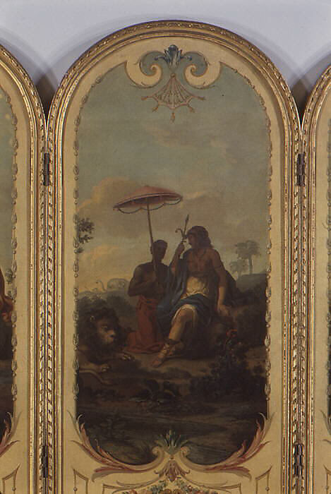 Five-fold screen, Panels attributed to Jean Jacques François Le Barbier (French, Rouen 1738–1826 Paris), Panels: oil and canvas; frame: gilt wood; lining: silk taffeta, French