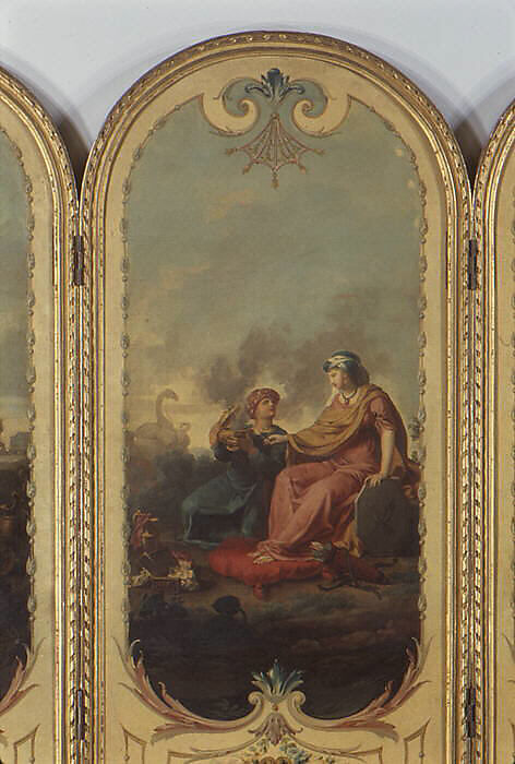 Five-fold screen, Panels attributed to Jean Jacques François Le Barbier (French, Rouen 1738–1826 Paris), Panels: oil and canvas; frame: gilt wood; lining: silk taffeta, French